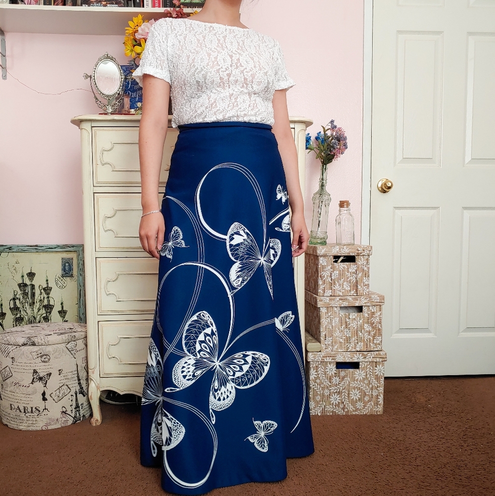 Vintage 70s Navy & White Butterfly Maxi Skirt